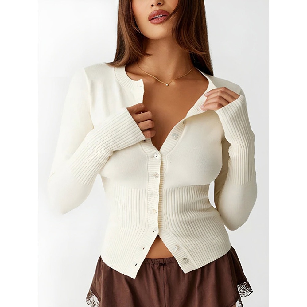 Commense Crew Neck Long‎ Sleeve Cardigan white size M